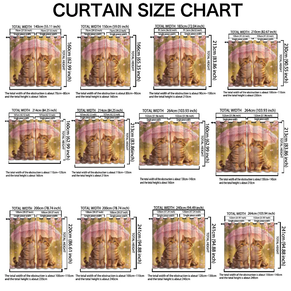 90g Double Opening Curtains Two Kittens Pink Umbrella Floral Sunshine Scene Pattern for Home