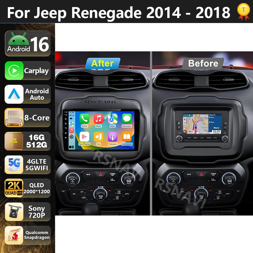 Radio Multimedia para Auto con Qualcomm Android 16 para Jeep Renegade 2016-2020, Pantalla QLED 2K, Reproductor de Video, GPS, Voz AI, CarPlay, Auto 4G, Estéreo