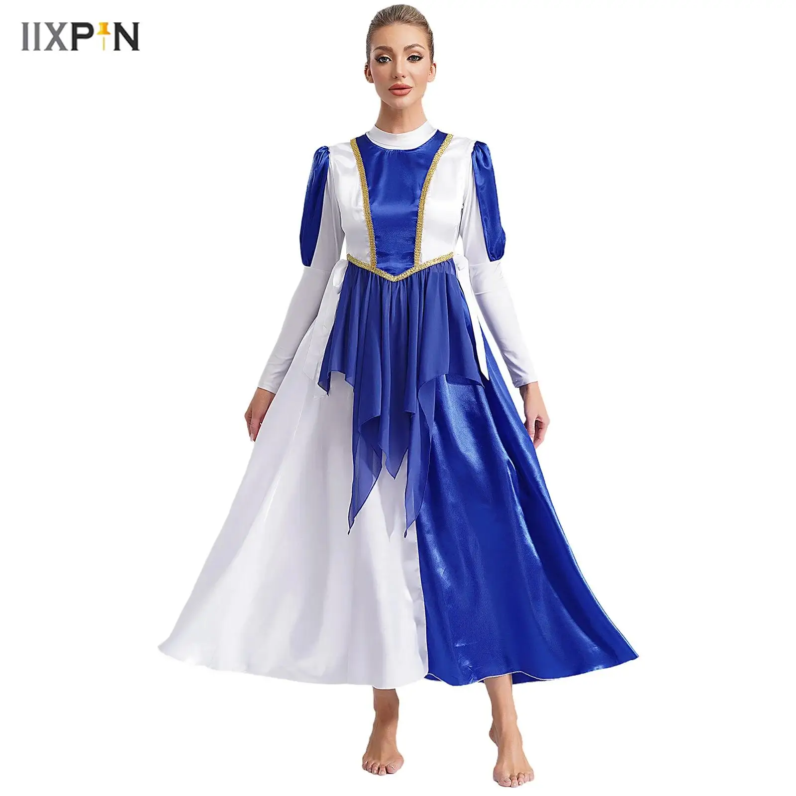 

Womens Praise Dance Dress Sides Split Lace-up Color Block Irregular Tunic Liturgical Choir Church Worship Lyrical Dance Costume