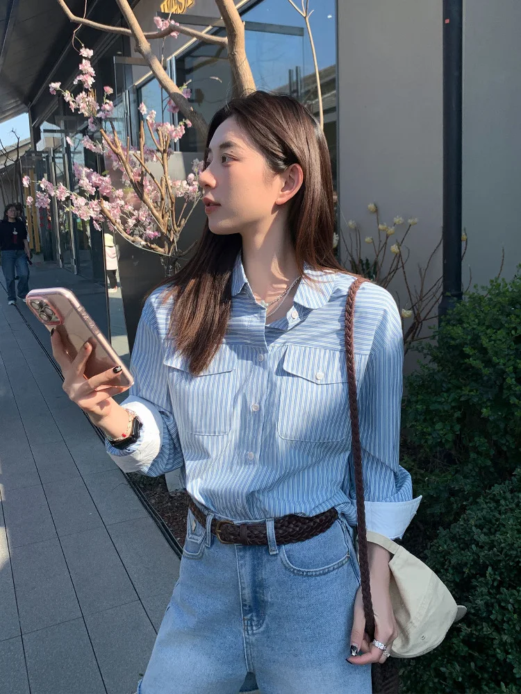 

TWINS Roman Corner Retro Blue Striped Women's Long Sve irt Versatile Korean Sle Straight Cut Polyester Cotton Blend