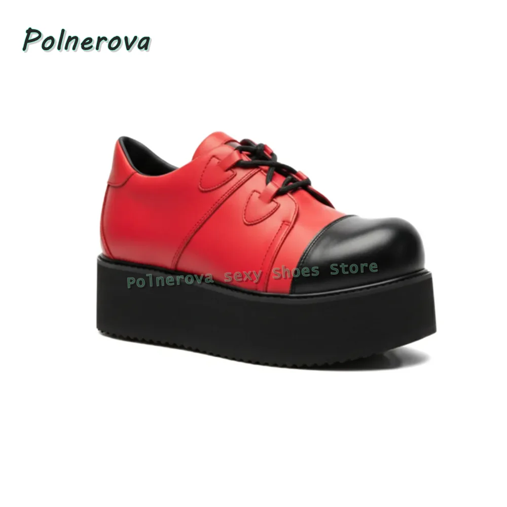 Women's Red Black Colorblock Platform Chunky Sneakers Lace Up Gothic Punk Y2K Round Toe Casual Ankle Boots 2026 New Style Trend