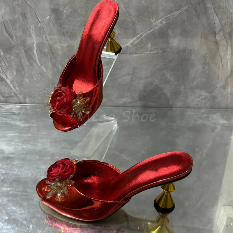 Pointed Peep Toe High Heels Slippers for Women New Fashion Brand Design Red Rose Flower Decor Shaped Heel Half Shoes Lady Size43