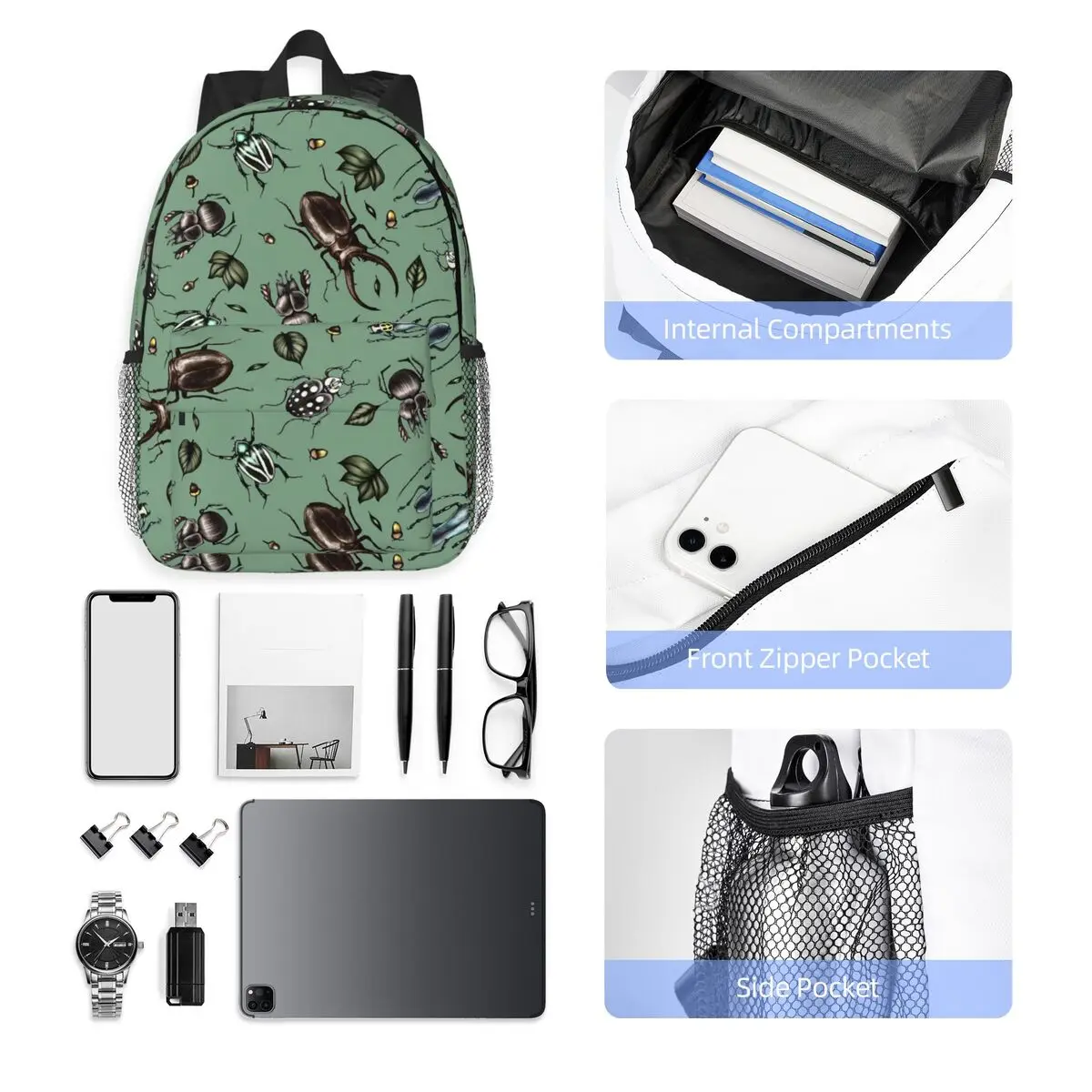 Colored Beetle Pattern - Insect Collection Backpack Hot Sale Large Capacity Boys Girls BookBag Kids School Bag Pencil Case