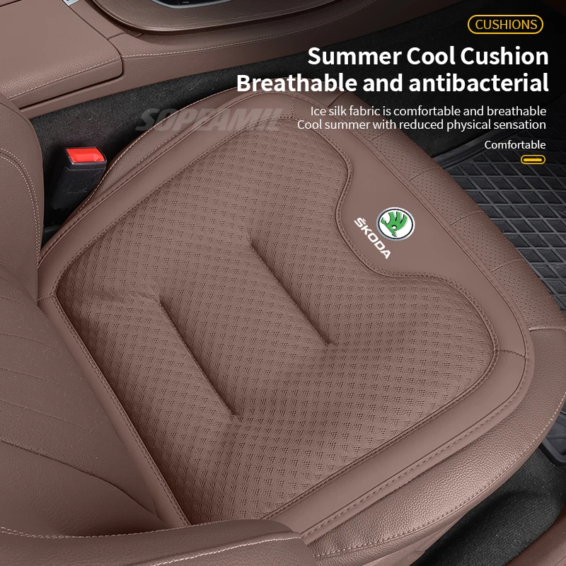 Car Seat Cushion Cover For Skoda Octavia Fabia Rapid Superb Karoq Kodiaq Slavia Kamiq Breathable Ice Silk Seat Protector Pad