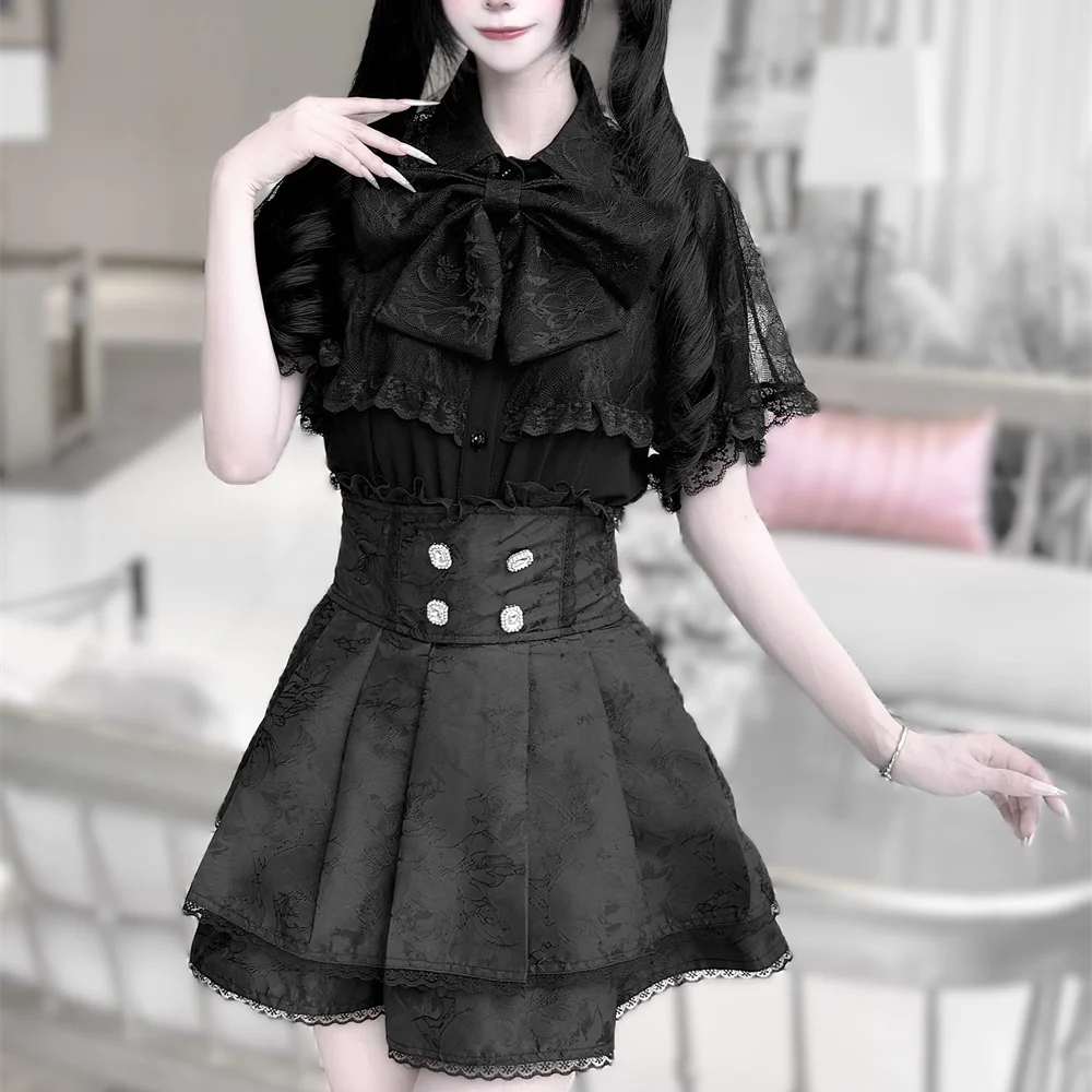 Japanse Mijn In massa geproduceerde Lolita Korte Mouw Zomer meisje Vrouwen Subcultuur Kant Cape Boog Lolita Shirt Top Mini rok