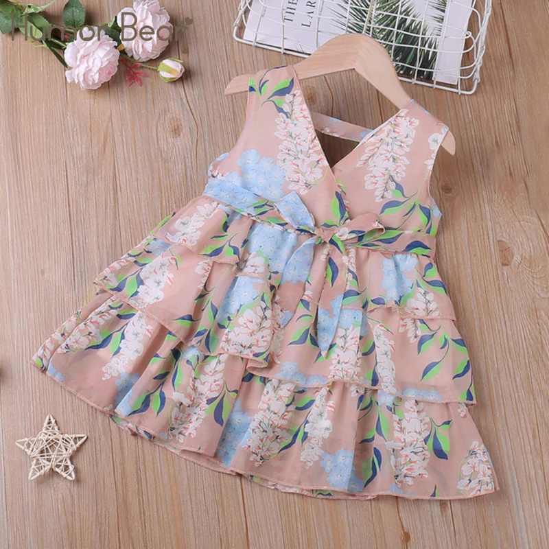 

Humor Bear Summer Girls Sleelveless Dress V-Neck Floarl Printed With Belt Princess Tank Top Cake Dress Kid Clothes