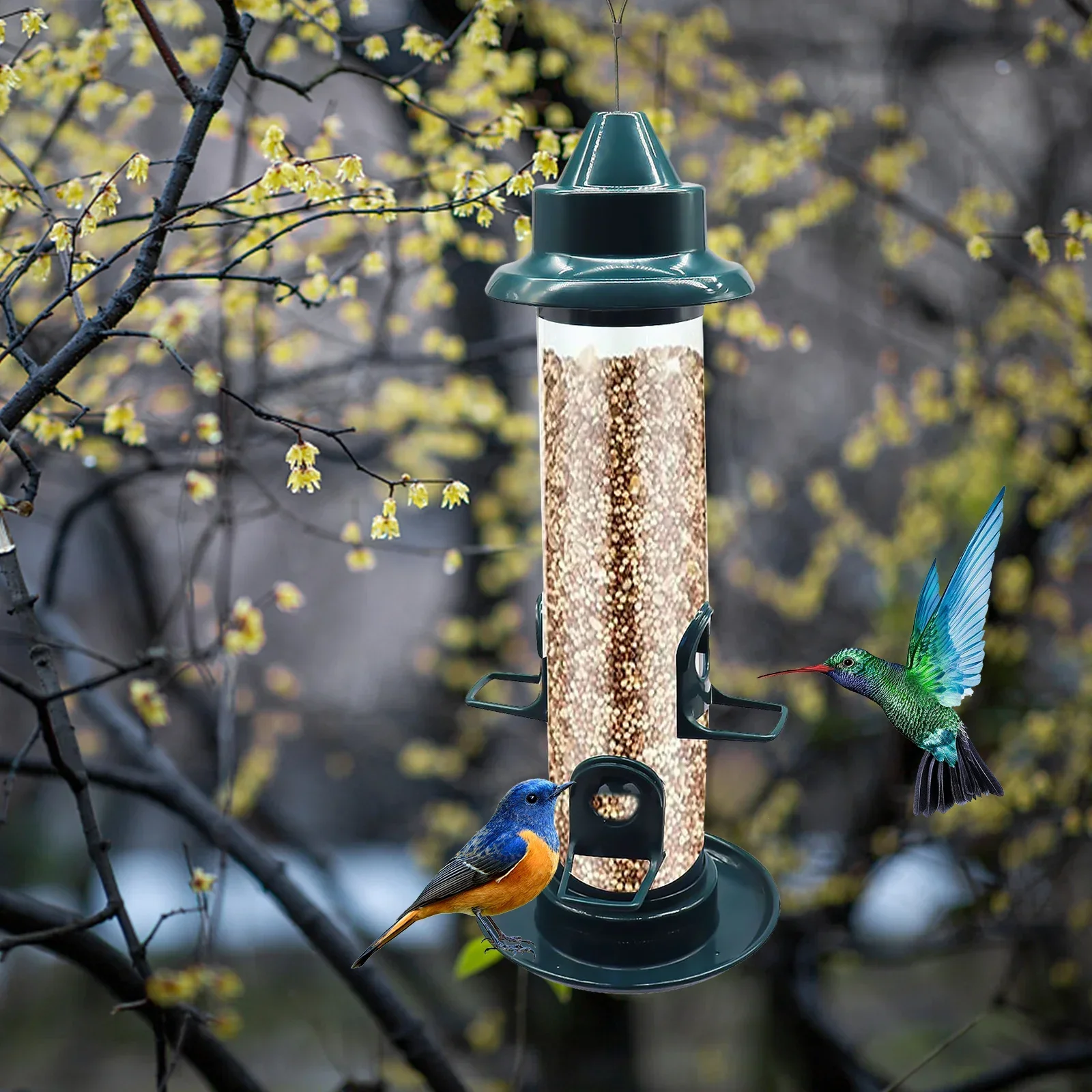 Bird Feeder for Outdoors Hanging Squirrel Proof Wild Bird Seed Feeder with 4 Feeding Ports Plastic Finch Feeder for Garden Yard