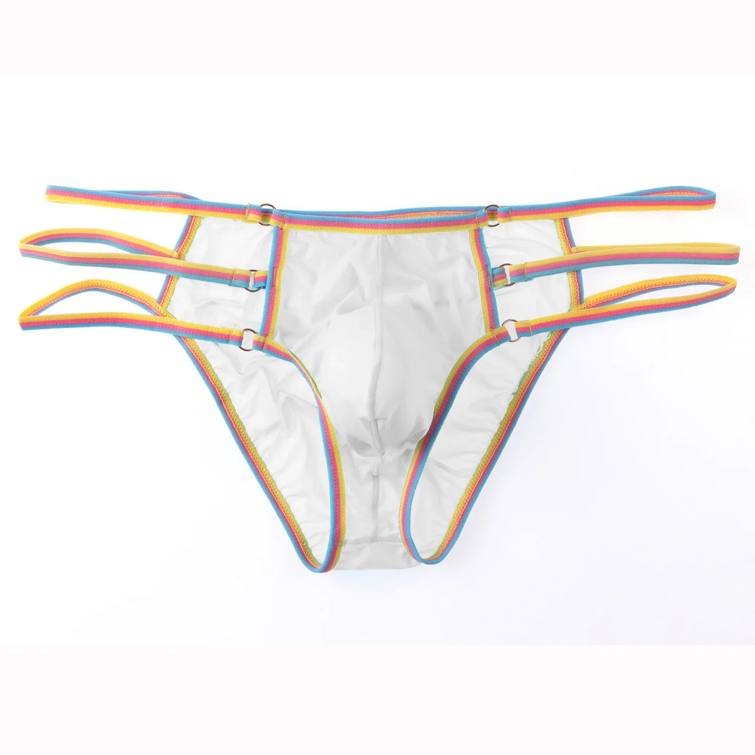 Men's Smooth Ice Silk Briefs Triple Adjustable Metal Buckle Rainbow Trim Low Rise U Convex Pouch Sexy Skinny Lingerie Underwear