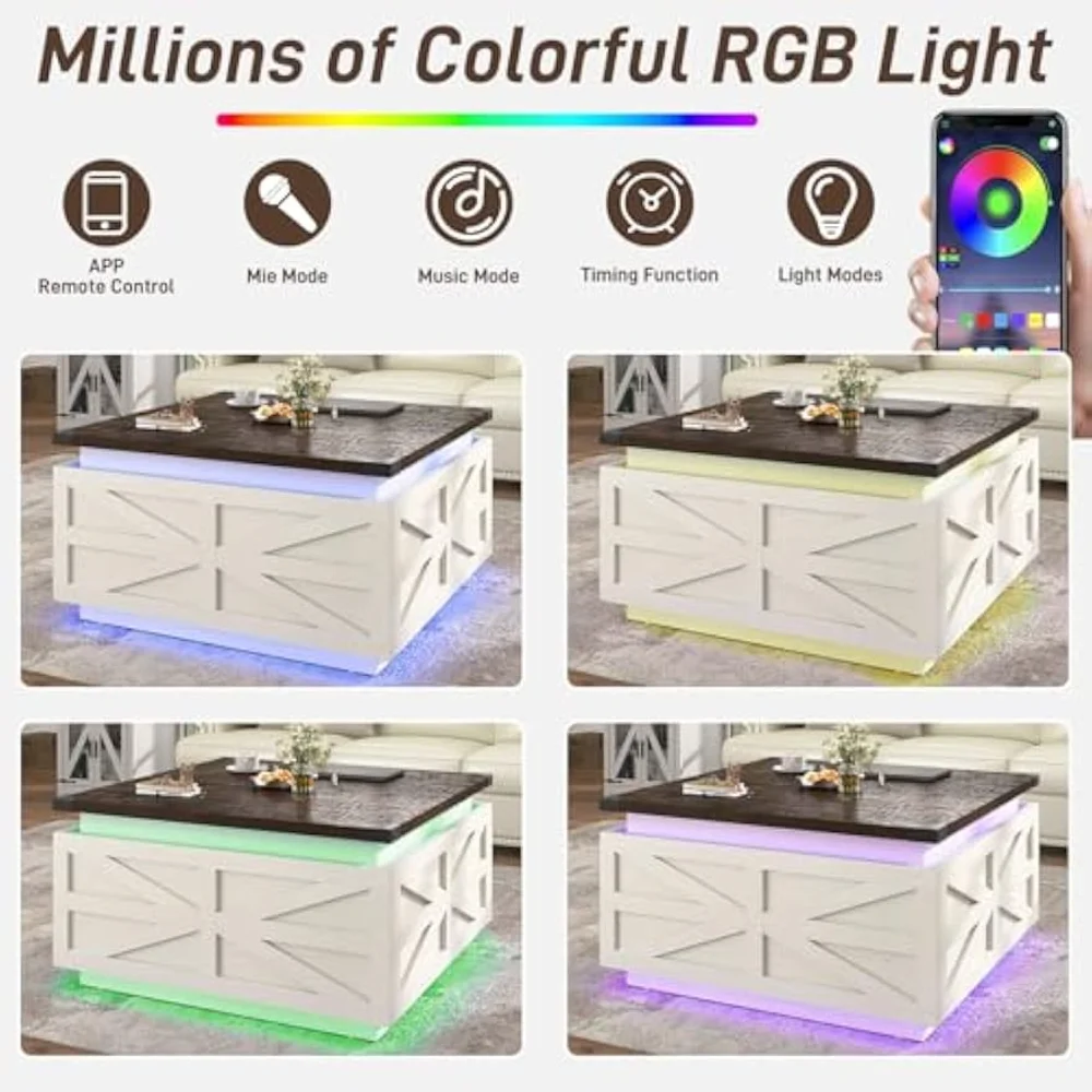 35.8" Farmhouse Lift Top Coffee Table with Storage，Square Coffee Table with LED Lights，Wood Square Center