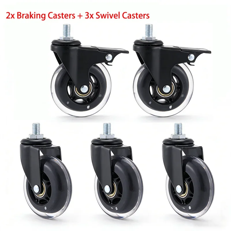 Set of 5: 3-Inch 2x Braking  + 3x Swivel Silent Caster Wheels with M8/M10/M12 Threaded Stems -Swivel & Brake Combination Pack
