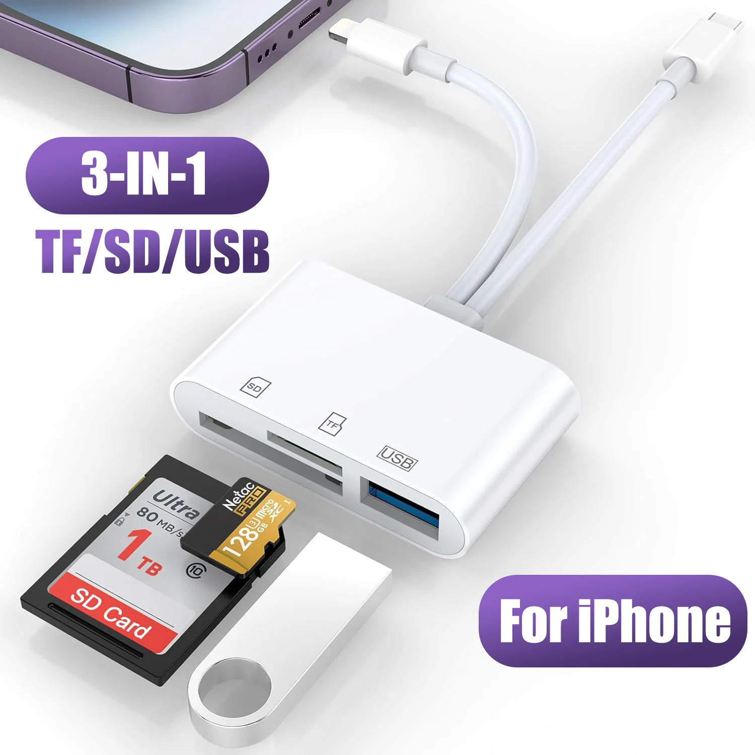 3-IN-1 SD Card Reader for iPhone/iPad/laptop, Lightning  USB C typeC Connector to SD/TF Card Reader Adapter Memory Card Reader