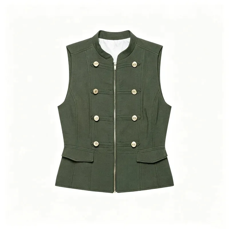 Women S Frog Button Vest 2026 Summer New Minimalist Style Army Green Double Breasted Stand Collar Sleeveless Zip Slim Outerwear
