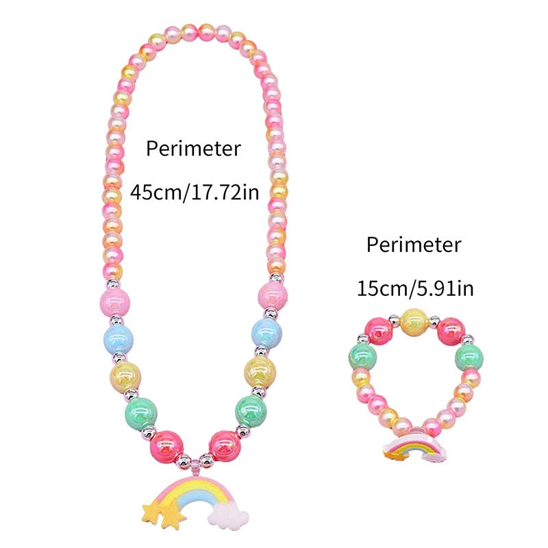 2/6Pcs Children\'s Bead Necklace Set Unicorn Rainbow Pendant Necklace Bracelet Ear Clip Girl Jewelry Accessories Children\'s Gifts