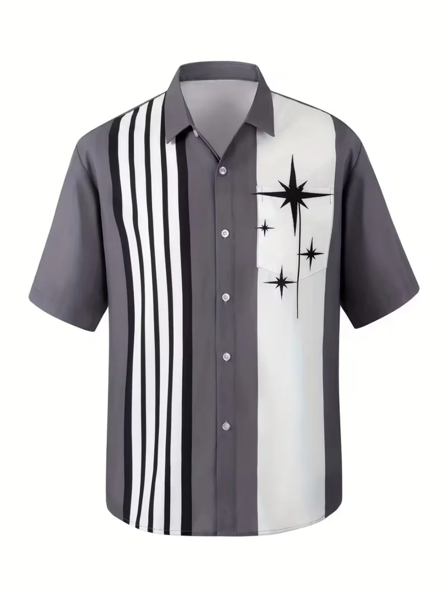 

2026 New Men's Retro Striped Star Print Short-Sleeve Casual Shirt, suitable for bowling, parties, beach, and other occasions. Fa