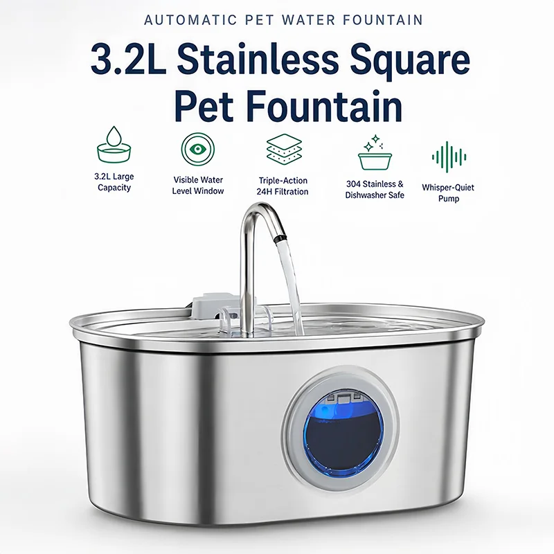 Pet Water Fountain 3.2L Large Capacity 304 Stainless 3. LED Water Level, Triple Filtration, Quiet Pump,for Cats Dogs