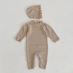 2024 New Spring 0-24M Newborn Baby Boys Girl Jumpsuit+Hat Long Sleeved Solid Color Knit Toddler Baby Boys Girl Knitting Romper