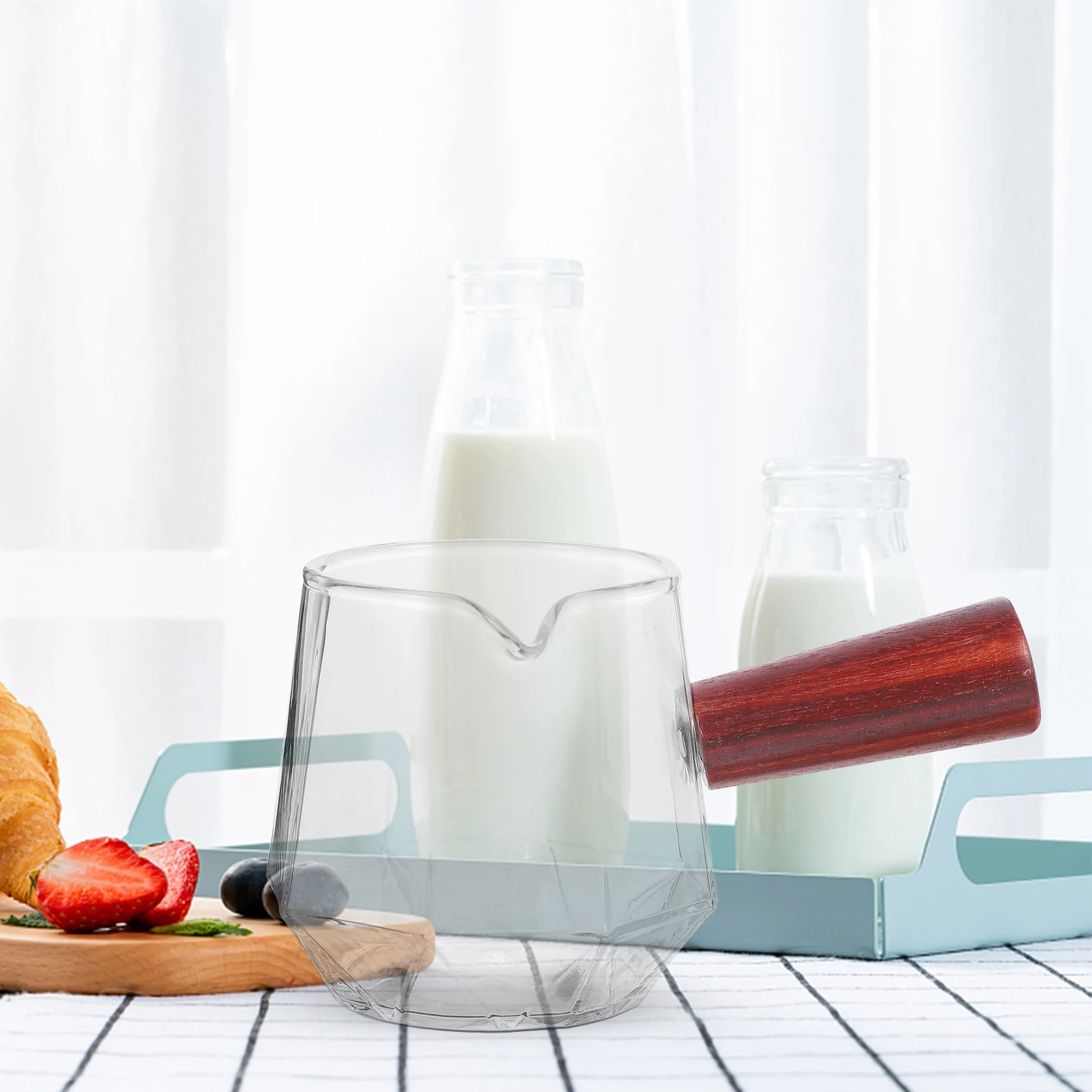 

Clear Glass Creamer Pitcher with Wooden Handle Coffee Latte Milk Jug Small Glass Pitcher for Syrup Cream Hot Butter