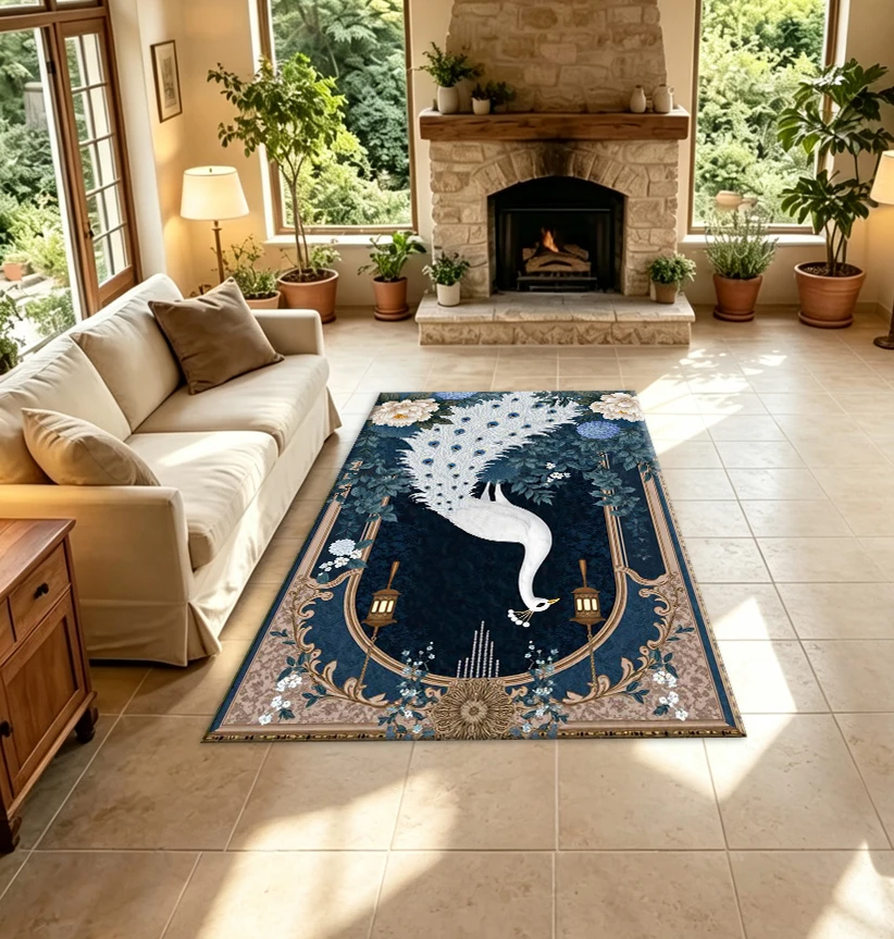 Luxury White Peacock Floral Art Carpet Flooring Exotic Ornate Living Room Decor Floor Rug
