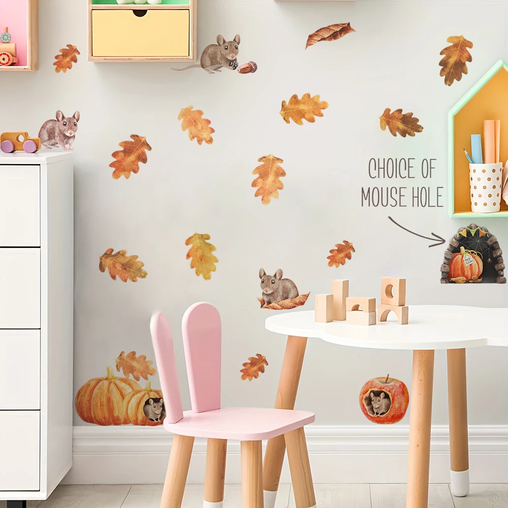 Watercolour Mouse Hole Variations Oak Leaves Wall Stickers Autumn Mouse Pumpkins Mice Apple Wall Decals Bathroom Bedroom Decor