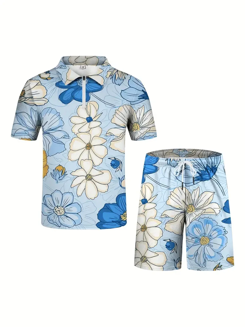 Fato de treino com estampa floral 3D masculino, gola com zíper, trend polo, shorts casuais, conjunto streetwear, moda verão, 2 peças