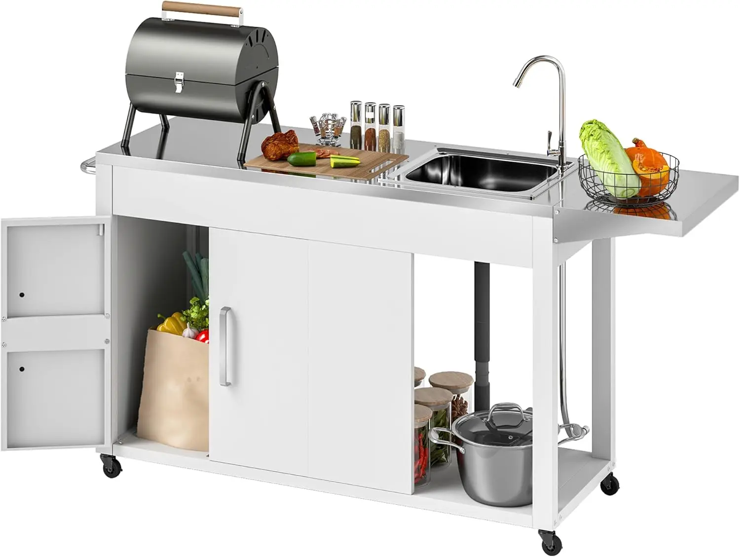 Outdoor-Grilltisch mit Edelstahlspüle und Entwässerung, Grillwagen mit klappbarem Beistelltisch und Schrank, Kücheninsel