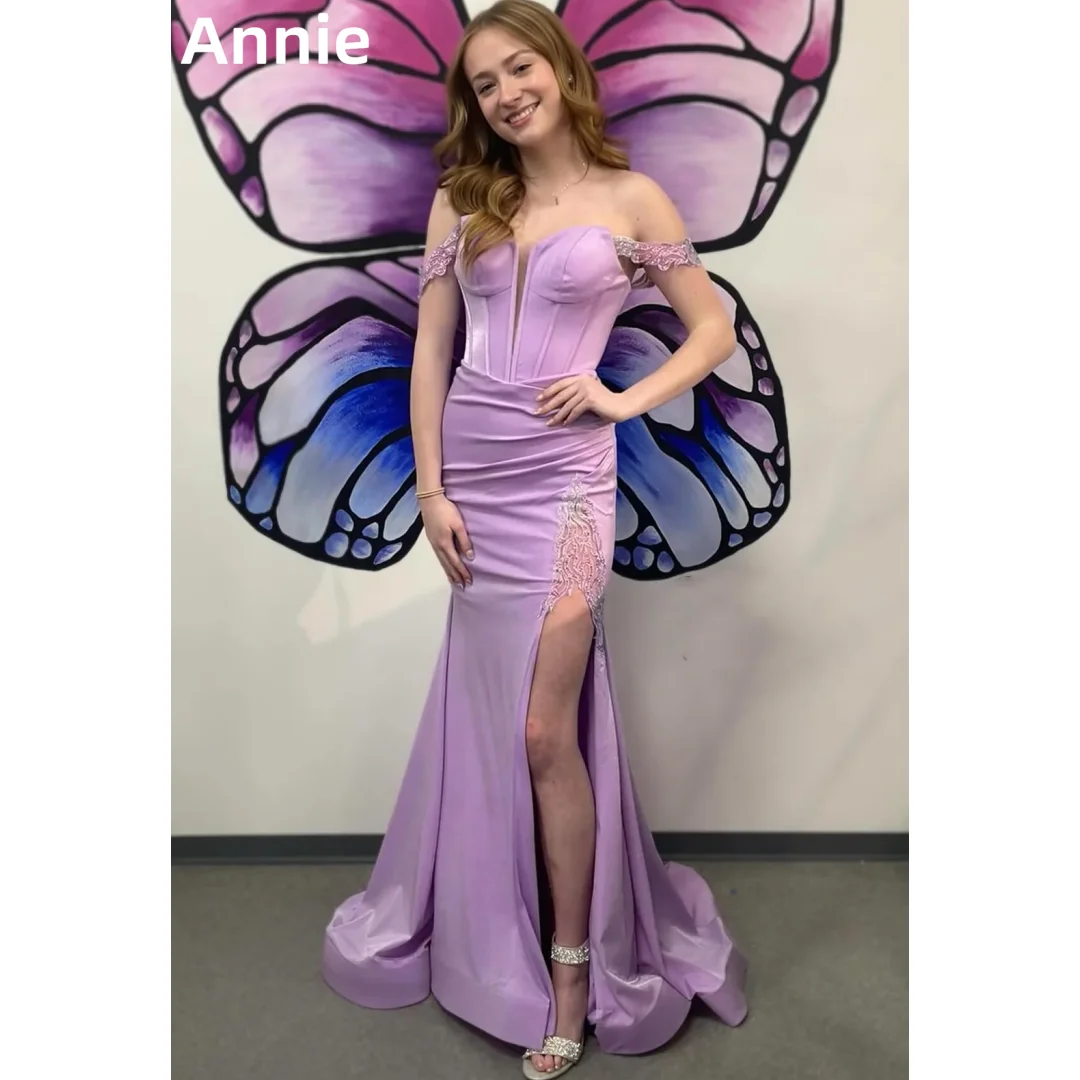 

Annie Lavender Purple Prom Dresses Mermaid Elegant Wedding Dress Side Slit Off-the-shoulder Cocktail Dresses Vestidos DeFiesta