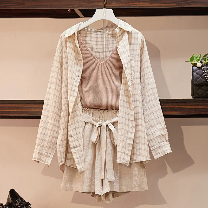 

Spring Summer Women Three piece sets Casual Linen Plaid Tops + Shorts Elastic Waist Wide Leg Pants Suit Set 3 Piece Set