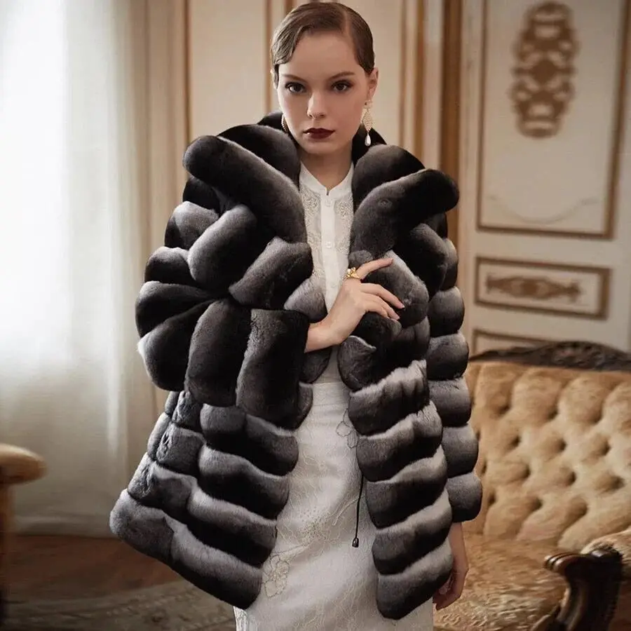 Fashion Winter Real Rex Rabbit Fur Jackets Women Elegant Chinchilla Color Natural Fur Shawl Collar Outwear Warm Genuine Fur Coat