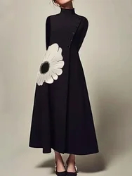 Onecozyday Women's Dress Buttoned High Neck Long Sleeves High Waist Pleated A-line Dress 2026 Spring Fashion Maxi Dresses