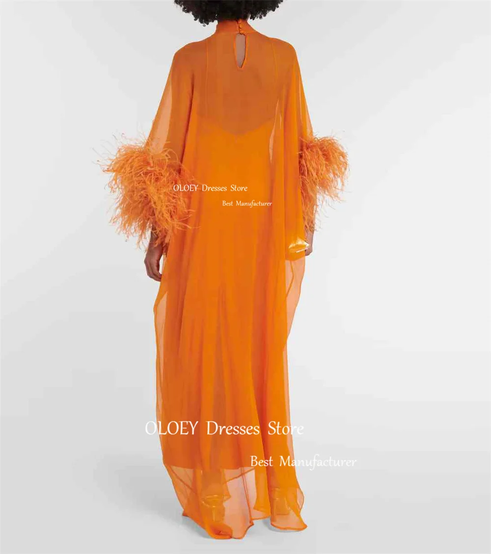 OLOEY Orange Chiffon Evening Dresses African Women High Neck Long Sleeves Feathers Straight Formal Party Prom Gowns Vestidos