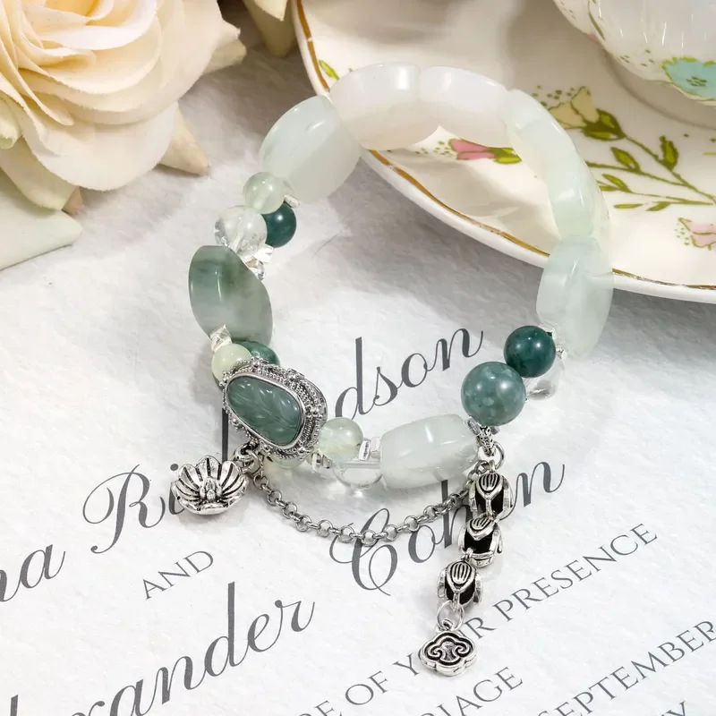 Lancai Tree Design Advanced Sense Bracelet Natural Grape Stone Green Asai Jade Crystal Bracelet Tianshan Jade Hand