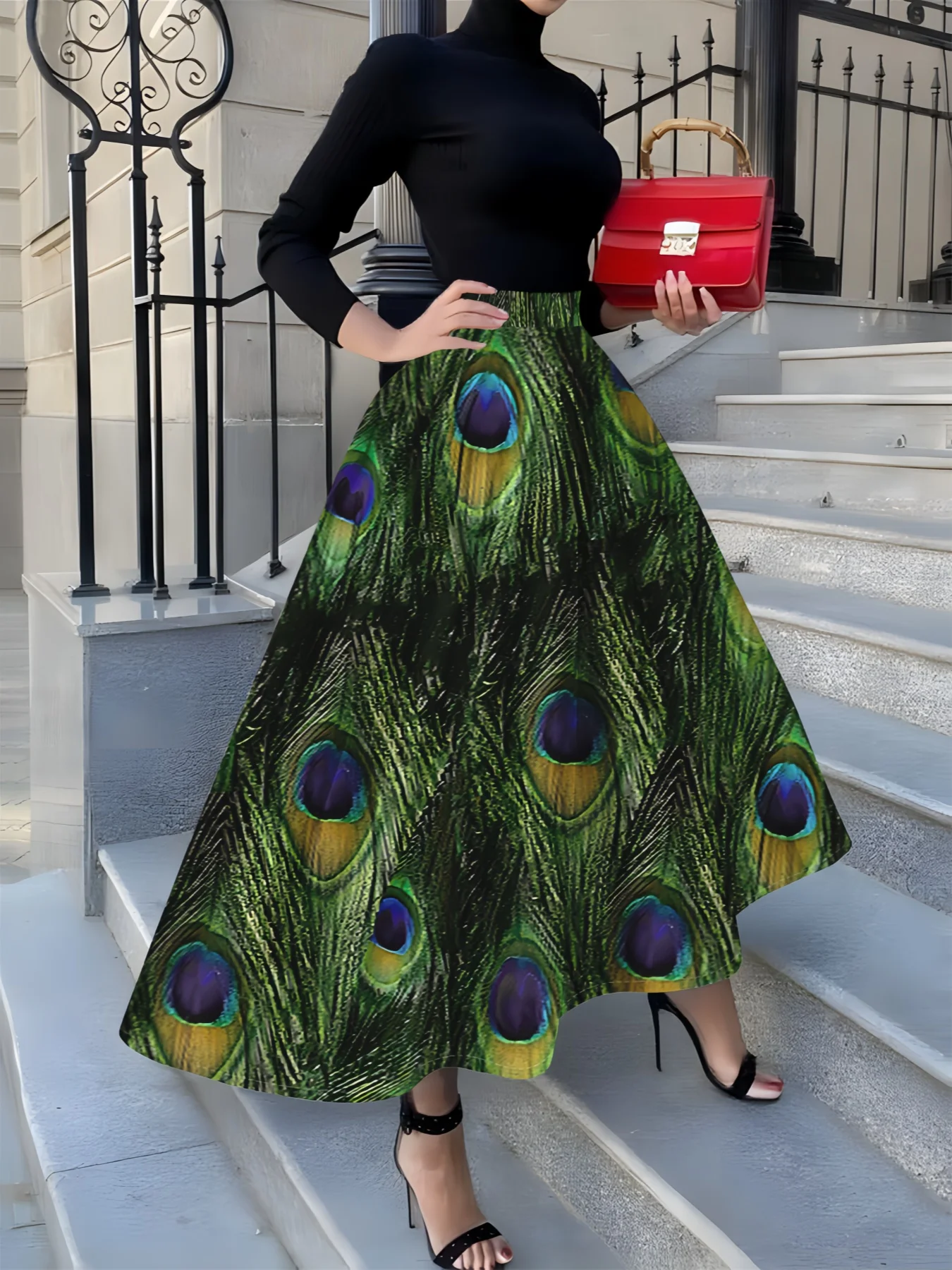 Printed Design Suitable for all four seasons Peacock Feather Pattern Print Design vacation style elegant style women's half skir