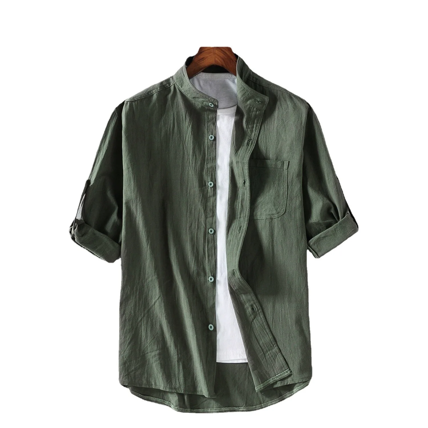 

Men's Cotton Linen Seven Quarter ort Sve irt Loose Fit No Ironing Required Summer Thiened Embroidery Pure Color