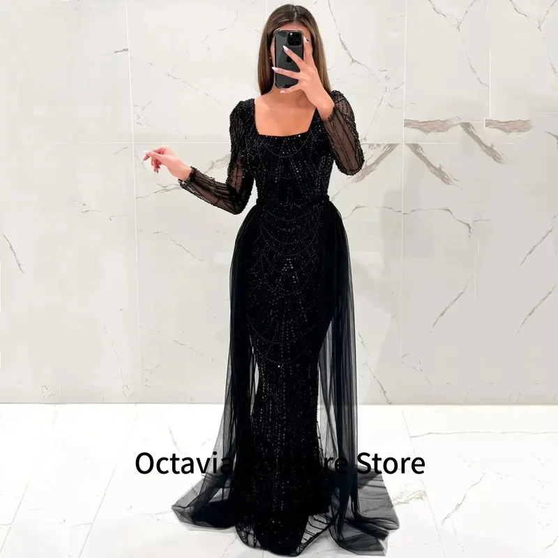 

Длинное вечернее платье с рыбьим хвостом для свадебных платьев на заказ, платье для выпускного вечера с блестками и вышивкой бисером, квадратный вырез, длинные рукава