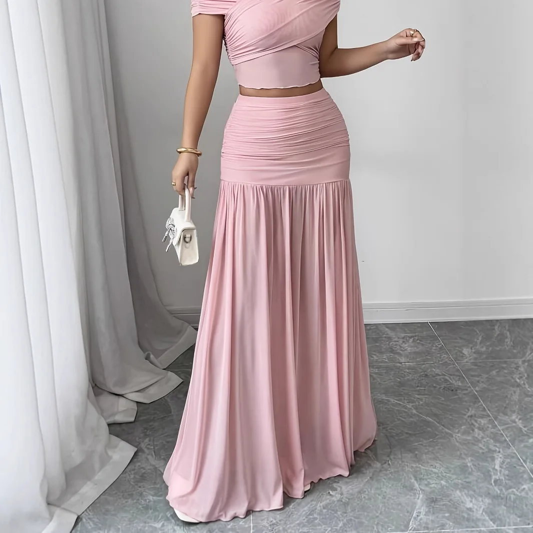 Summer 2026 Cross Border New Ladies' Elegant Solid Color Folded Long Skirt