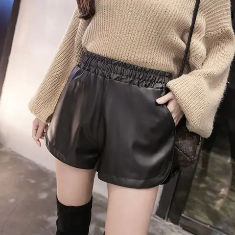 1pcs New Women Four Seasons Sexy Stretch Loose Black Faux Leather Shorts Female Casual Shorts Leather Lady High Waist Short Pant