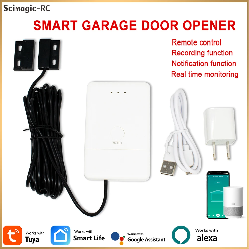 

New WiFi smart garage door opener, compatible with Linear/Wayne Dalton/Chamberlain remote controls, monitors door status.