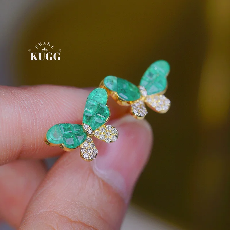 KUGG 100% 18K Yellow Gold Earrings Elegant Butterfly Design Shiny Diamond Natural Emerald Earrings for Women Engagement Jewelry