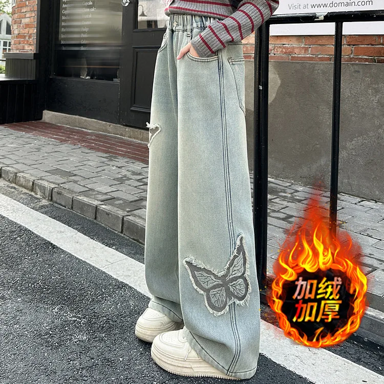 

Girl Fashion Casual Denim Pants Kids Warm Trousers Winter Fleece-Lined Children Loose Jeans with Butterfly on the Side for Teen
