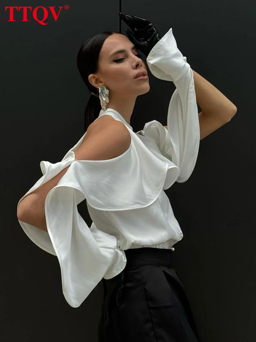 

TTQV Sexy Loose White Women's Shirt Fashion O-Neck Off Shoulder Long Sleeve Shirts Elegant Classic Ruffle Top Female Clothing