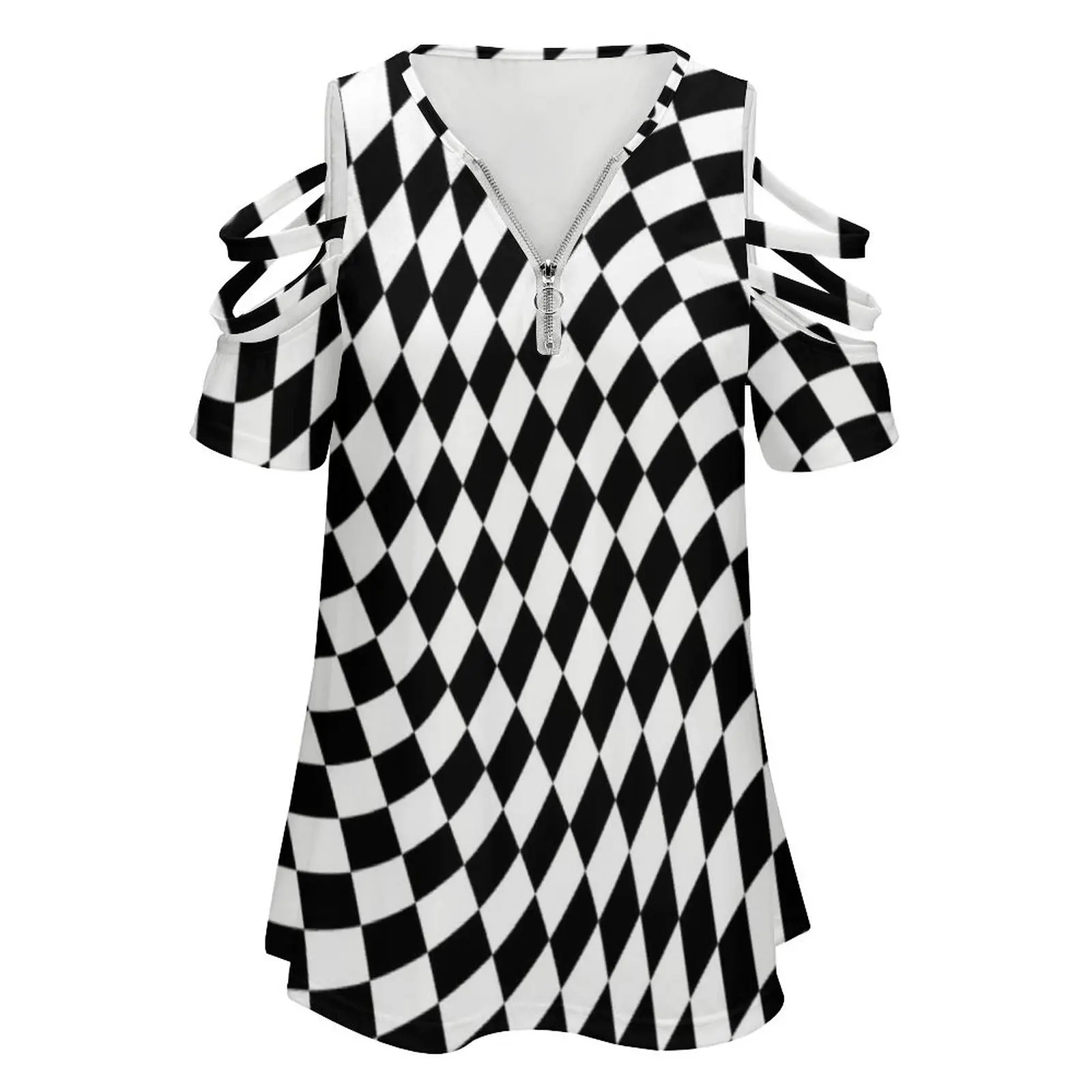 Trippy Checks New Fashion Zip Off Shoulder Top Short-Sleeve Women Shirt Black And White Black White Check Checker