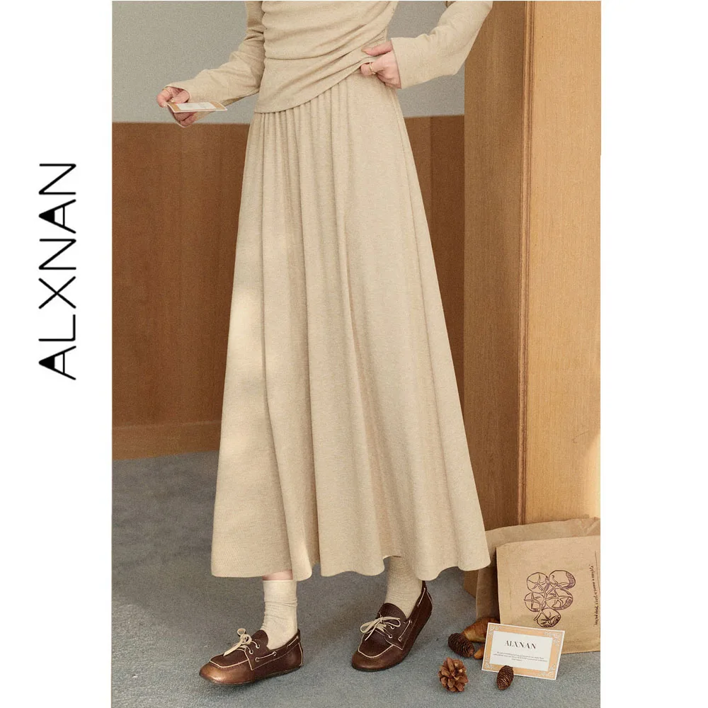 ALXNAN Khaki Skirt Women Autumn 2026 Fashion High Waist Casual Long Skirt Elegant Elastic Waist Female Clothing L67852