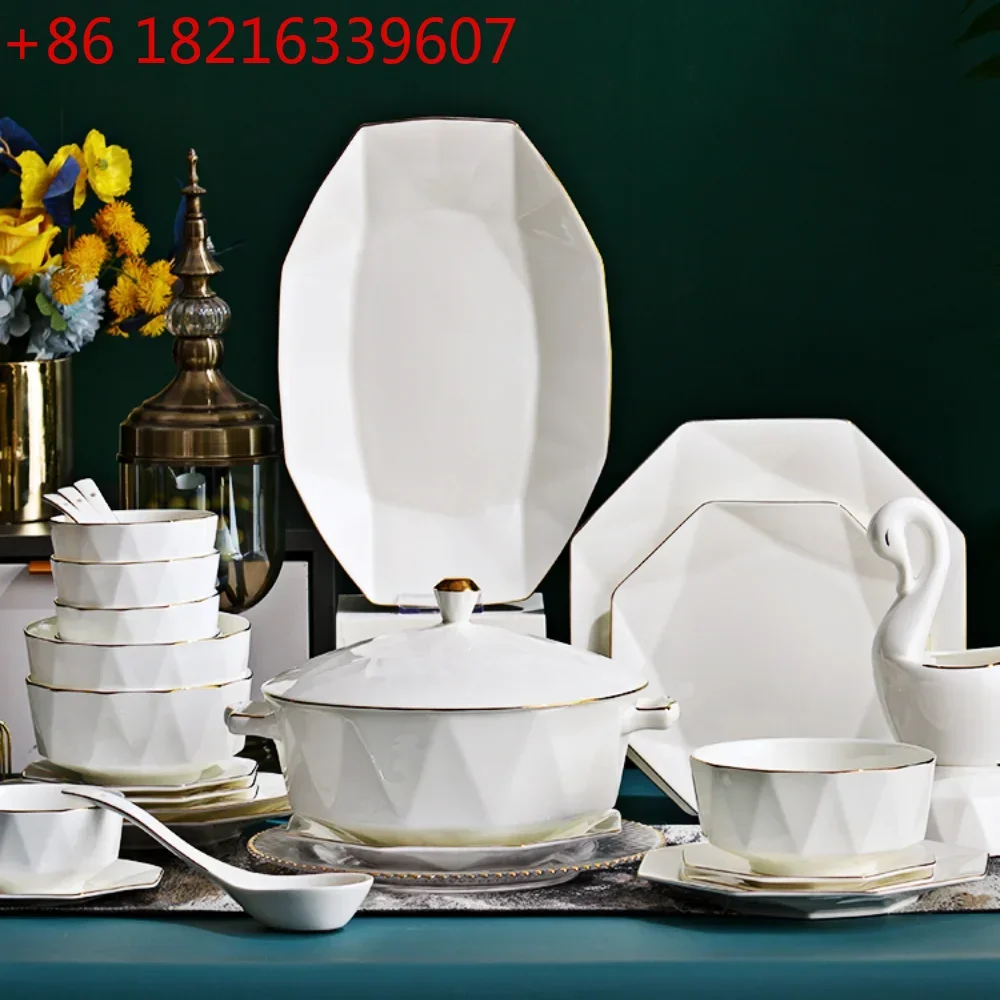 بسيطة الذهبي تقليم تانغشان السيراميك العظام الصين هووسورمينغ ضوء أدوات المائدة الفاخرة مجموعة من الأطباق والأطباق مزيج #1
