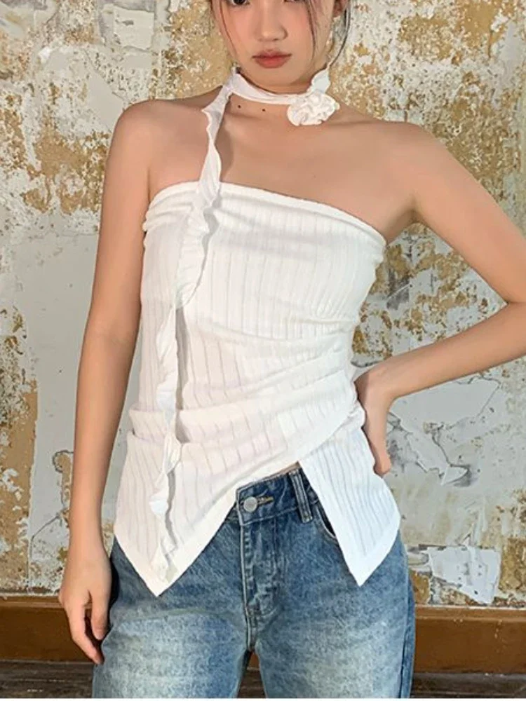 2000s Aesthetic Slim Fit Vest for Women Vintage Elegant Sexy Rose Halter Camisole Tops Female Solid Korea Fashion Y2k Tank Tops