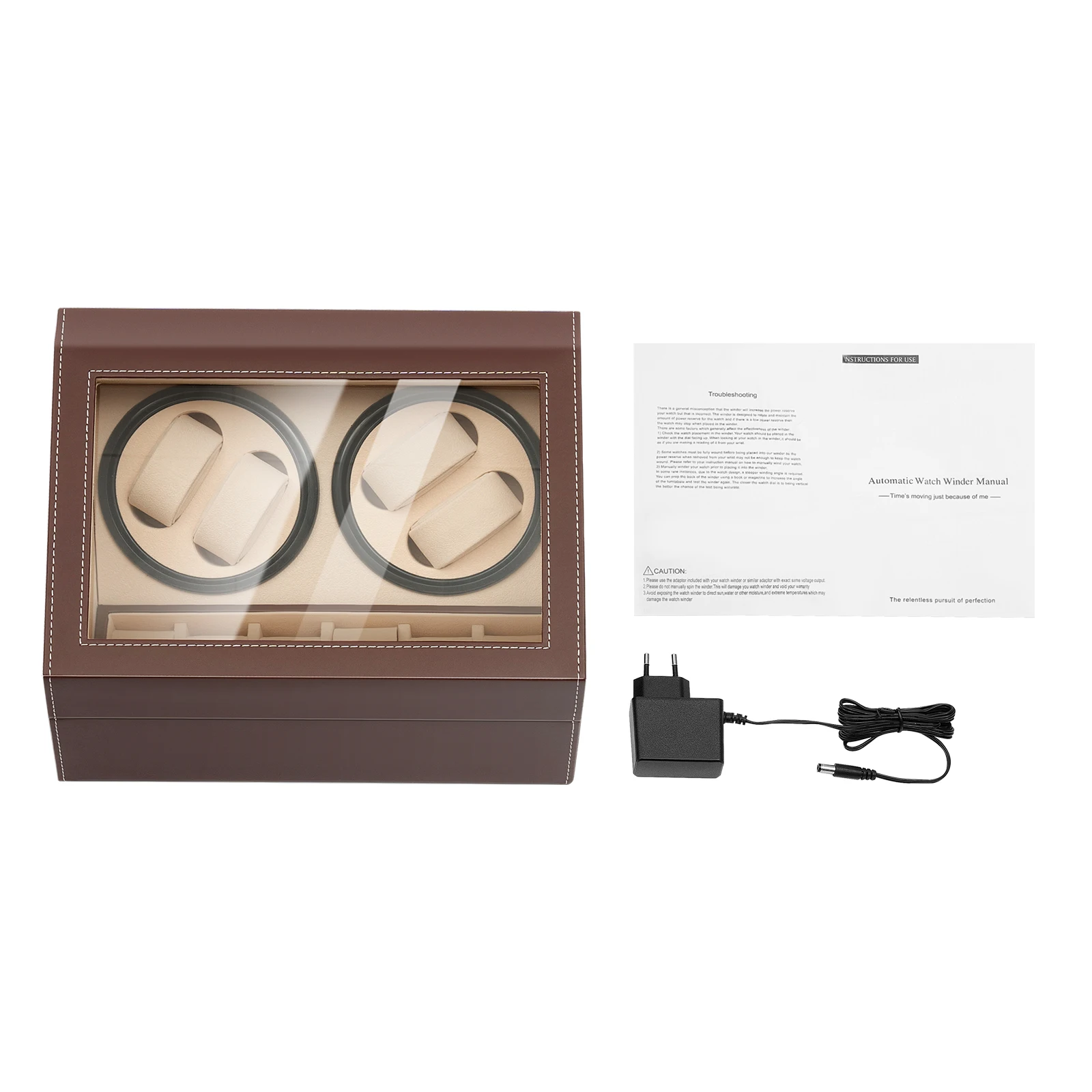 Automatische Uhrenbeweger-Displaybox, 4 + 6 drehbarer Uhrenbeweger aus Leder und Holz mit Kissen, luxuriöse Box, Schwarz/Braun, US-Stecker