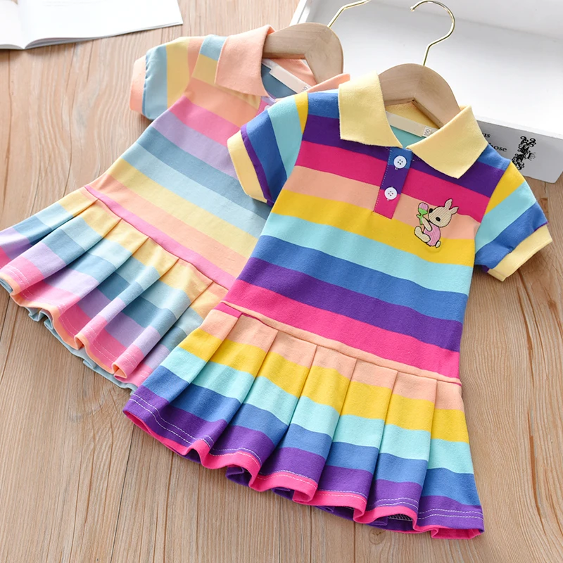 Children Baby Girl Dress New Little Girl Rainbow Short Sleeve Princess Dress Turn-Down Collar Cute Bunny Decor Kid Fashion Skirt