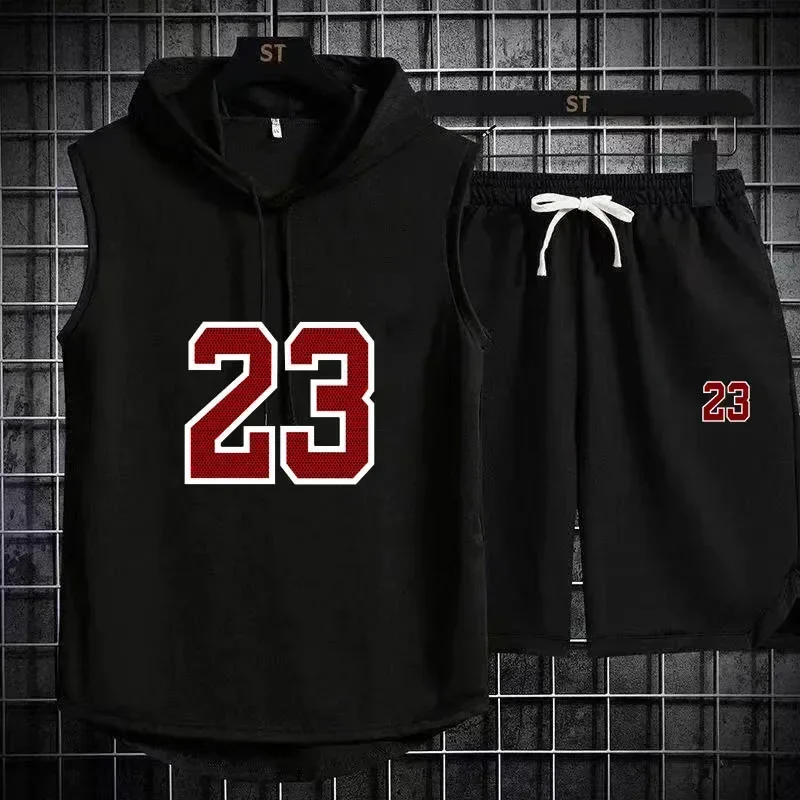 Summer New Men's Sleeveless Hooded T-shirt+Shorts Pants Sports Two-Piece Set Gym Fashion Casual Men Women Sports Two Piece Set