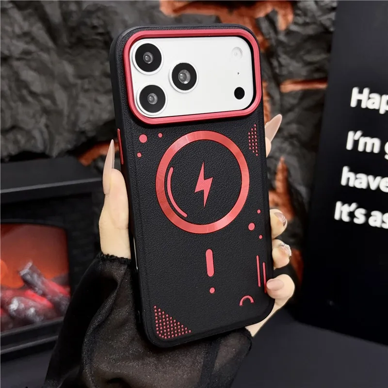 Coque ELVEV magnétique en cuir PU anti-chute tendance pour iPhone 17 16 15 14 Pro Max avec motif rouge