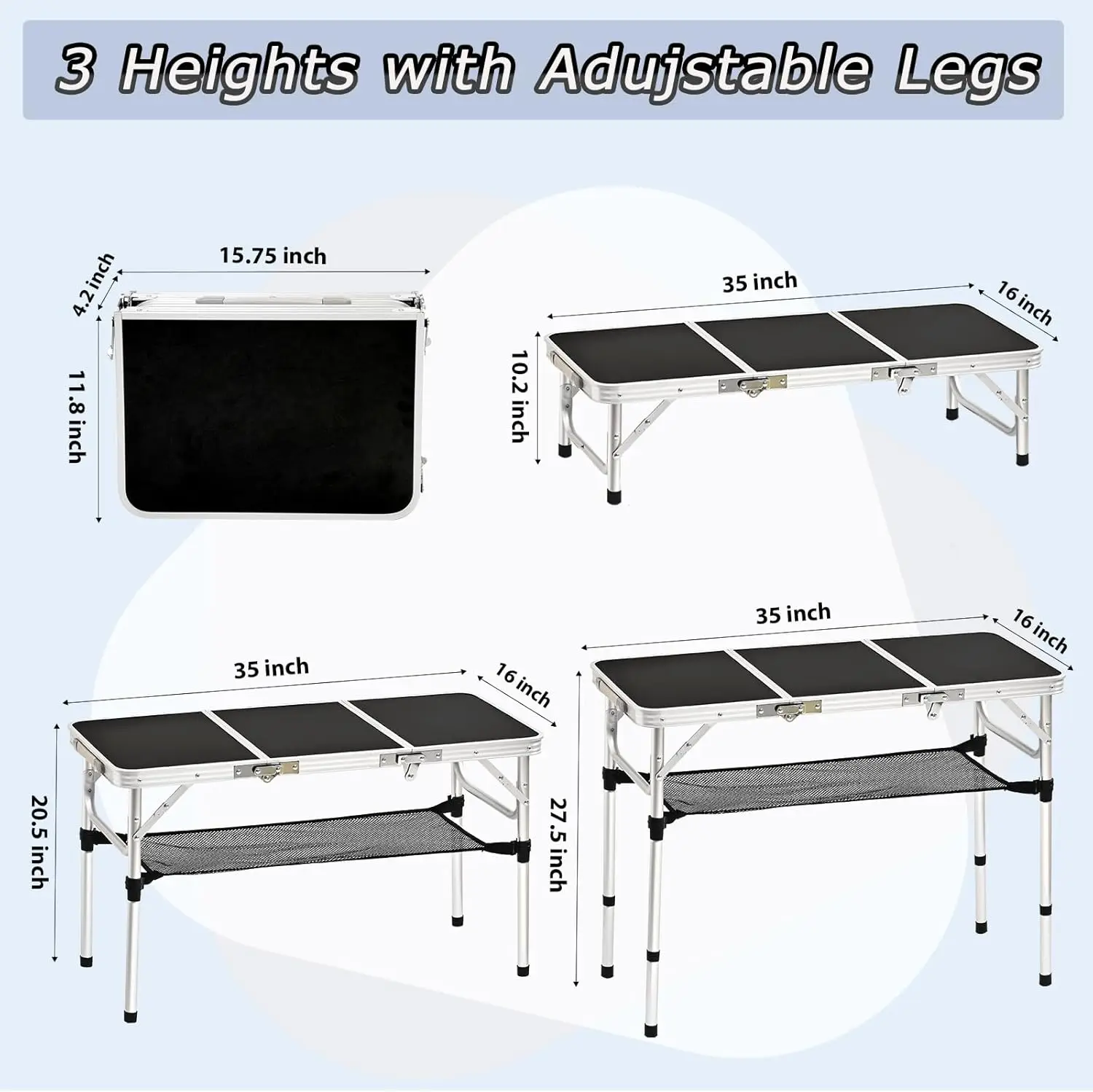 

Portable Aluminum Foldable Camping Table For Picnic Card Table With 3 Adjustable Height&Carry Handle Outdoor Indoor Hiking BBQ