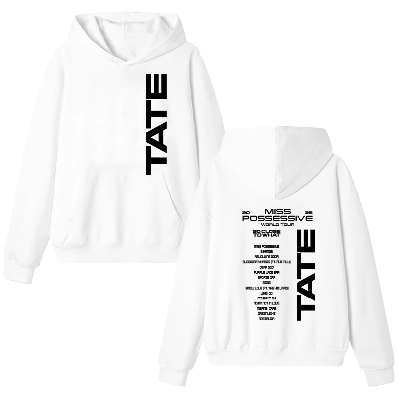 2025 Tate McRae Sudadera con capucha estampada de doble cara para hombre y mujer, jersey informal a la moda, sudadera de manga larga de lana Unisex para Otoño e Invierno